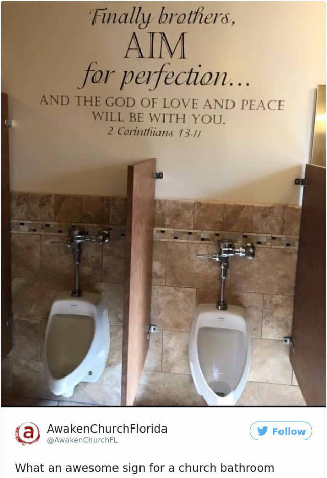 church bathroom ideas - Finally brothers, Aim for perfection... And The God Of Love And Peace Will Be With You. 2 Corinthians 13.11 Ta AwakenChurch Florida What an awesome sign for a church bathroom