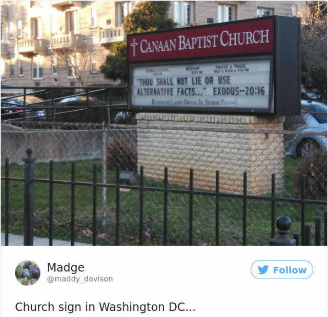 fence - Canaan Baptist Church Vez Pase "Thou Shall Not Lie Or Use Alternative Facts..." Exodus Rasen esla Seeds Madge Church sign in Washington Dc...