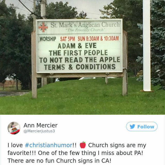 adam and eve the first people to not read - St. Mark's Anglican Church The Friendly Church Worship Sat 5PM Sun Am & Am Adam & Eve The First People To Not Read The Apple Terms & Conditions Ann Mercier y I love !! Church signs are my favorite!!! One of the 