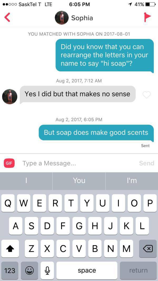 tinder - app comment box - .000 SaskTel T Lte 1 41%0 Sophia You Matched With Sophia On Did you know that you can rearrange the letters in your name to say "hi soap"? , Yes I did but that makes no sense , But soap does make good scents Sent Gif Type a Mess
