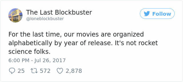 twitter funny tweets - The Last Blockbuster For the last time, our movies are organized alphabetically by year of release. It's not rocket science folks. 25 12 572 2,878