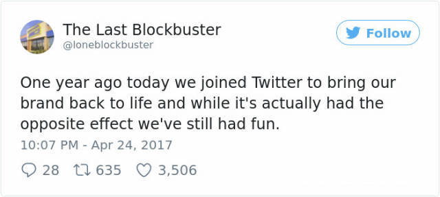 The Last Blockbuster One year ago today we joined Twitter to bring our brand back to life and while it's actually had the opposite effect we've still had fun. 9 28 12 635 3,506