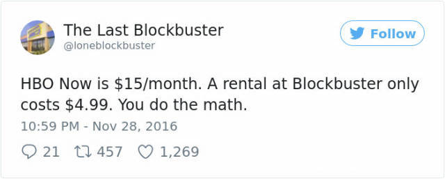 social experiment accept compliments - The Last Blockbuster y Hbo Now is $15month. A rental at Blockbuster only costs $4.99. You do the math. 9 21 12 457 1,269