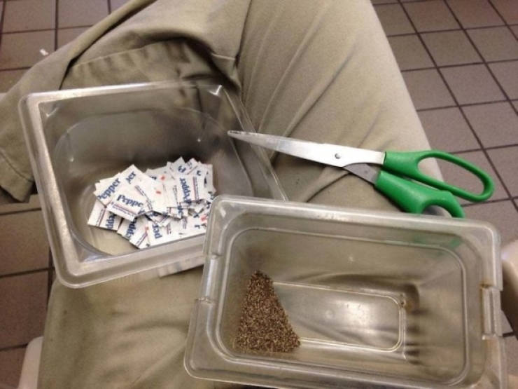 "My boss ordered a box of 6,000 pepper packets instead of a shaker, so now I get to spend my Saturday cutting open packets for our burger seasoning."