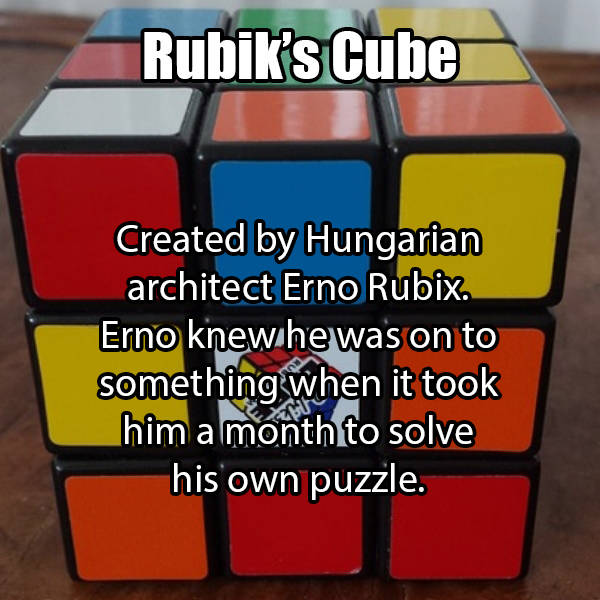 games - Rubik's Cube Created by Hungarian architect Erno Rubix. Erno knew he was on to something when it took him a month to solve his own puzzle.