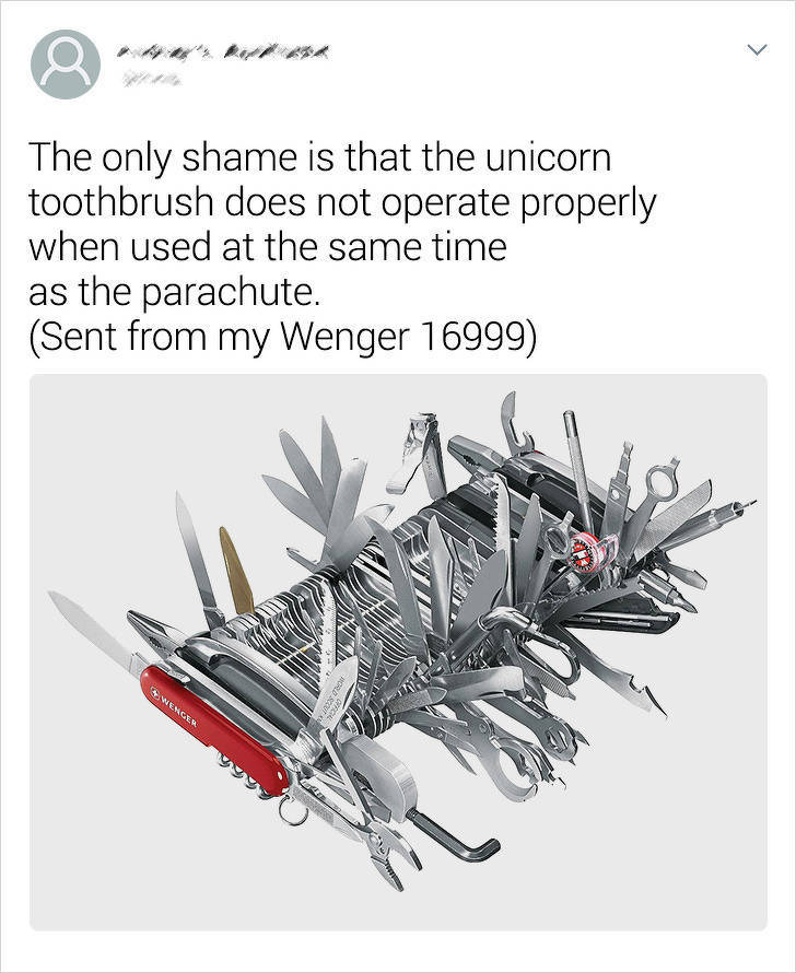 swiss army knife amazon review - The only shame is that the unicorn toothbrush does not operate properly when used at the same time as the parachute. Sent from my Wenger 16999 S.N.Ge