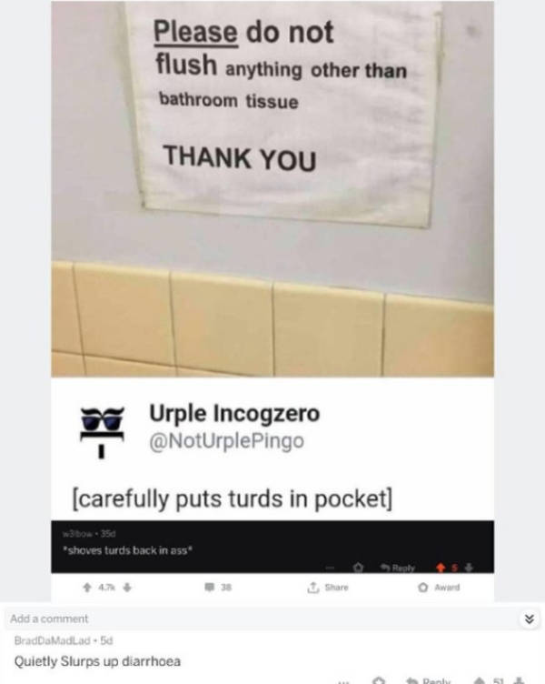 website - Please do not flush anything other than bathroom tissue Thank You Urple Incogzero carefully puts turds in pocket 3 boa 350 "shoves turds back in ass Add a comment Brada Madlad. 50 Quietly Slurps up diarrhoea Dan