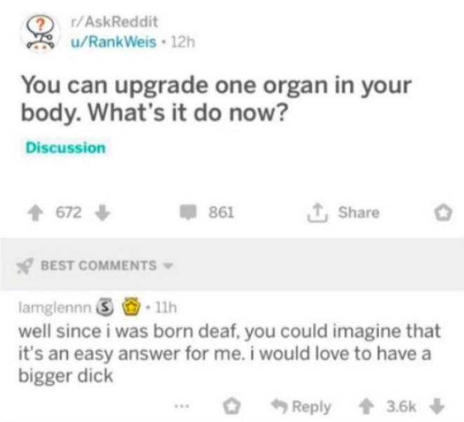diagram - rAskReddit uRank Weis. 12h You can upgrade one organ in your body. What's it do now? Discussion 672 861 1 Best lamglennn 3 . lih well since i was born deaf, you could imagine that it's an easy answer for me. I would love to have a bigger dick