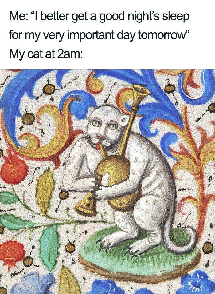 bad medieval art - Me I better get a good night's sleep for my very important day tomorrow" My cat at 2am Ae