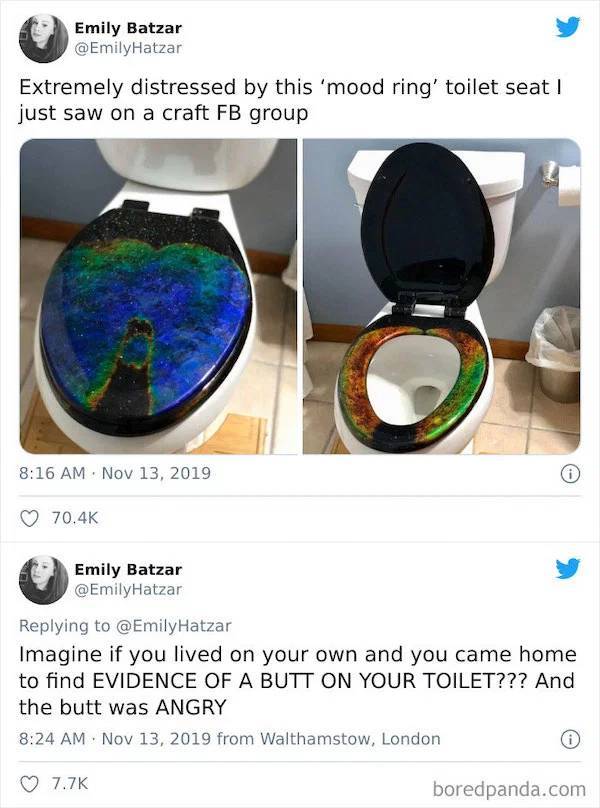 pics for dirty mind - mood ring toilet seat - Emily Batzar Hatzar Extremely distressed by this 'mood ring' toilet seat | just saw on a craft Fb group Emily Batzar Hatzar Imagine if you lived on your own and you came home to find Evidence Of A Butt On Your