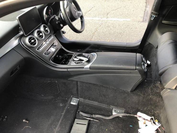 the inside of Paul Hamptoms Mercedes -  seats removed