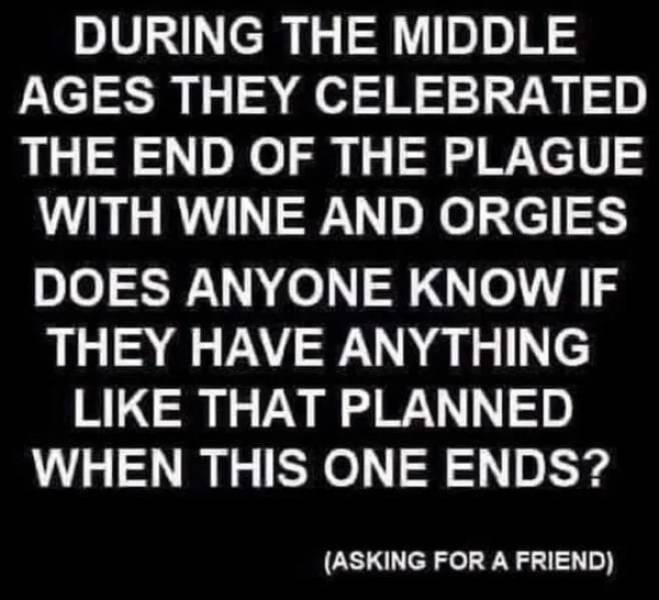 during the middle ages they celebrated the end of the plague - During The Middle Ages They Celebrated The End Of The Plague With Wine And Orgies Does Anyone Know If They Have Anything That Planned When This One Ends? Asking For A Friend