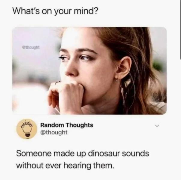 someone made up dinosaur sounds without ever hearing them - What's on your mind? thought Dugi Random Thoughts Someone made up dinosaur sounds without ever hearing them.