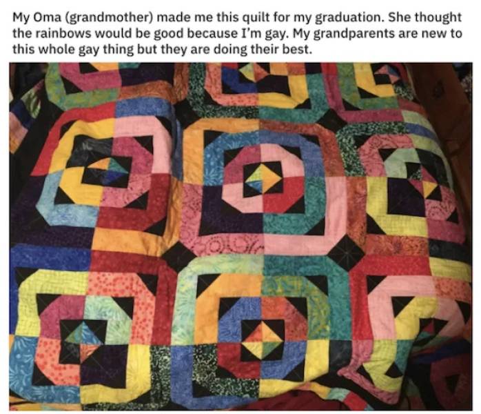 pattern - My Oma grandmother made me this quilt for my graduation. She thought the rainbows would be good because I'm gay. My grandparents are new to this whole gay thing but they are doing their best.