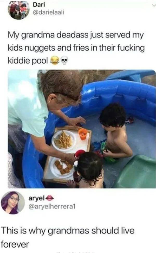 grandma's should live forever - Dari My grandma deadass just served my kids nuggets and fries in their fucking kiddie pool aryel A This is why grandmas should live forever