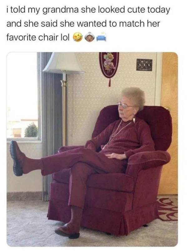 camouflage grandma - i told my grandma she looked cute today and she said she wanted to match her favorite chair lol lory