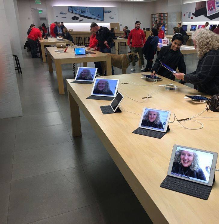 “My dad and I (jokingly) told my mom we would leave the Apple store only after she had taken a ‘selfie’ on every single device.”