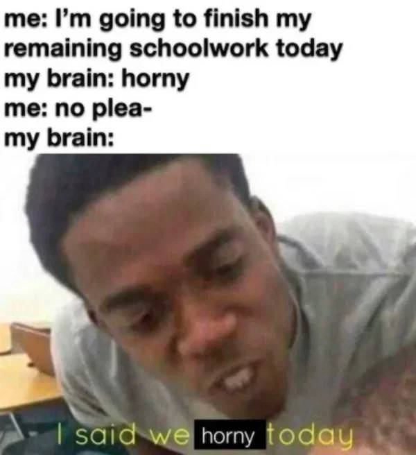 said we sad today meme - me I'm going to finish my remaining schoolwork today my brain horny me no plea my brain | said we horny today