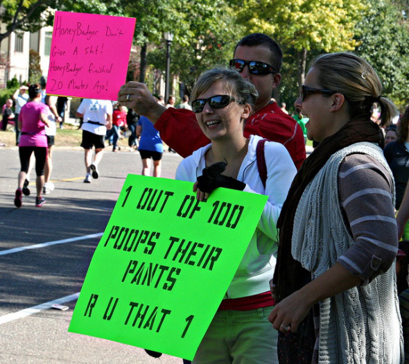 funny marathon signs - Honey Badger D. Give A shit! Honry Badger finished 120 Minutes Ago! 1 Out Of 100 Poops Their Pants Pu That 1 o