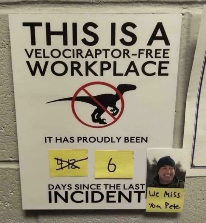 sign - This Is A VelociraptorFree Workplace It Has Proudly Been 8 6 Days Since The Last Incident We Miss You Pete