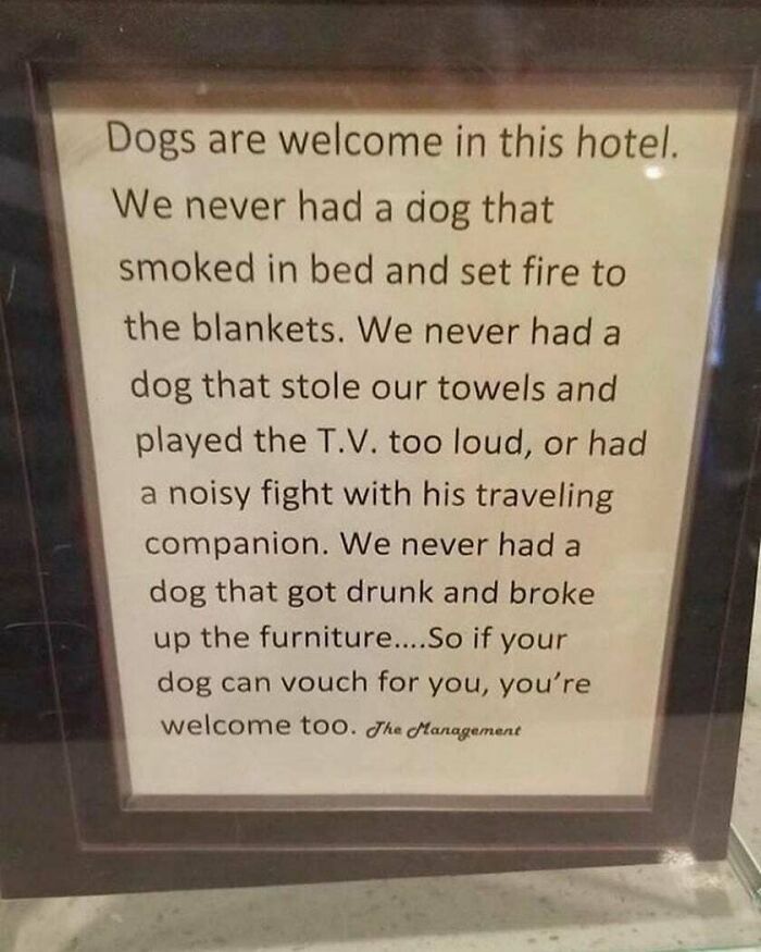 commemorative plaque - Dogs are welcome in this hotel. We never had a dog that smoked in bed and set fire to the blankets. We never had a dog that stole our towels and played the T.V. too loud, or had a noisy fight with his traveling companion. We never h