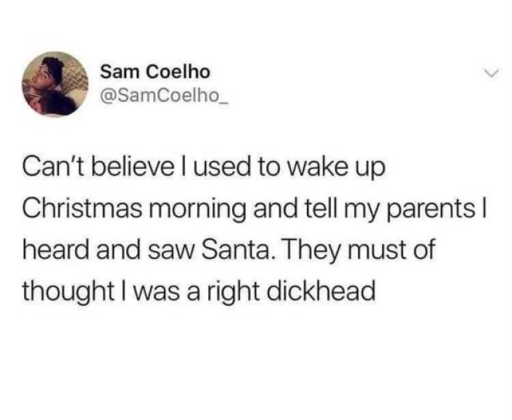 relatable tweets teenagers - Sam Coelho Can't believe I used to wake up Christmas morning and tell my parents heard and saw Santa. They must of thought I was a right dickhead