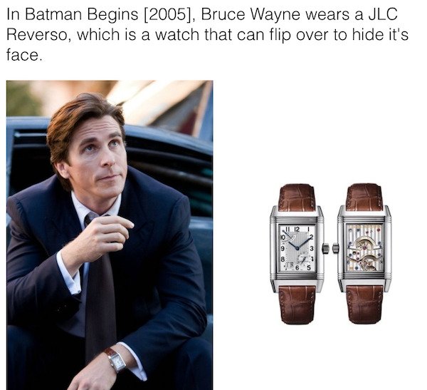 jaeger lecoultre reverso batman - In Batman Begins 2005, Bruce Wayne wears a Jlc Reverso, which is a watch that can flip over to hide it's face.