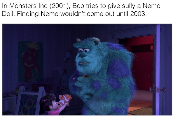 monsters inc pizzagate - In Monsters Inc 2001, Boo tries to give sully a Nemo Doll. Finding Nemo wouldn't come out until 2003.