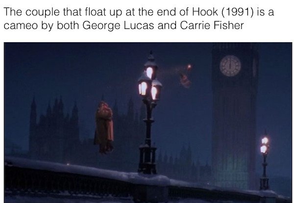 george lucas carrie fisher hook - The couple that float up at the end of Hook 1991 is a cameo by both George Lucas and Carrie Fisher
