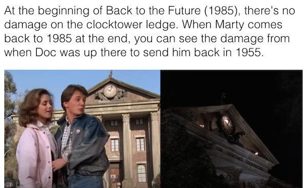back to the future - At the beginning of Back to the Future 1985, there's no damage on the clocktower ledge. When Marty comes back to 1985 at the end, you can see the damage from when Doc was up there to send him back in 1955.
