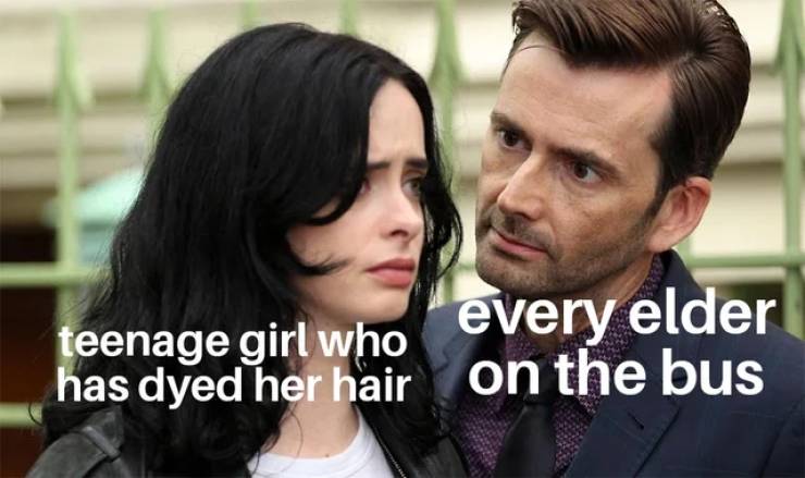 funny memes - every elder teenage girl who has dyed her hair on the bus