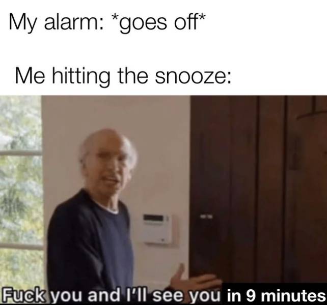 funny memes - My alarm goes off Me hitting the snooze Fuck you and I'll see you in 9 minutes