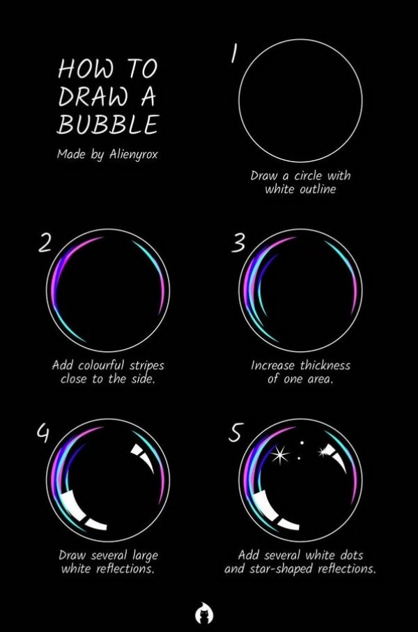 circle - How To Draw Bubble Made by Alienyrox Draw a circle with white outline 2 3 Add colourful stripes close to the side. Increase thickness of one area. s Draw several large white reflections. Add several white dots and starshaped reflections.