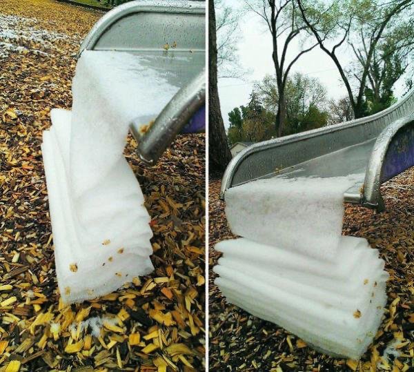 “The way this snow has slid down the slide.”