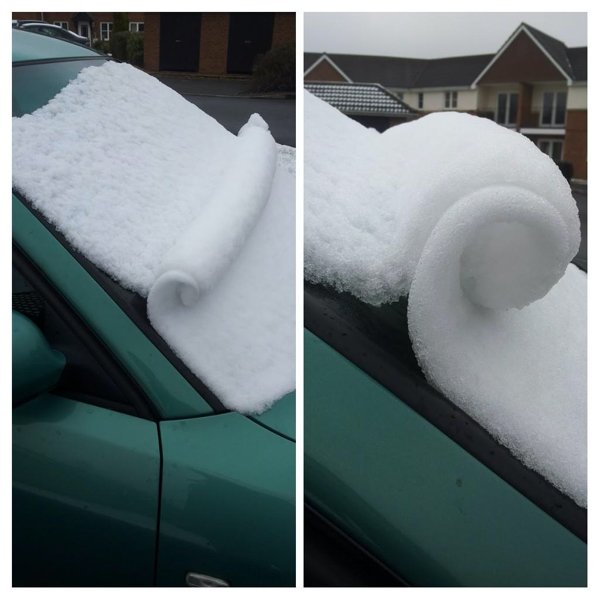 “Snow rolled itself on my windscreen.”