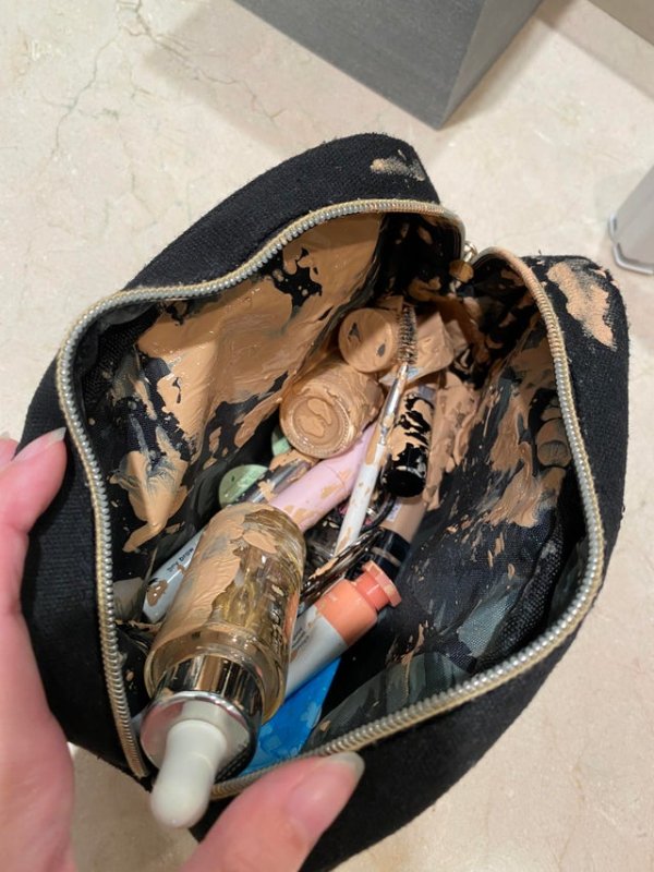 “My sister’s makeup bag after my dad accidentally sat on it.”