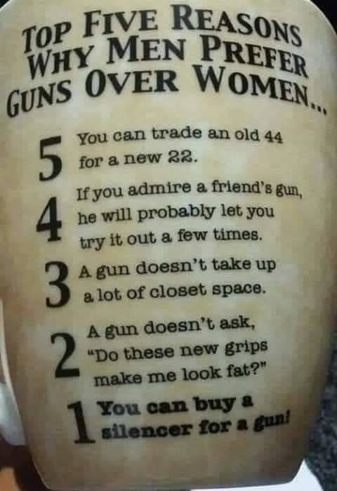 label - Top Five Reasons Guns Over Women. Why Men Prefer You can trade an old 44 for a new 22. 5 4 3 If you admire a friend's gun, he will probably let you try it out a few times. A gun doesn't take up a lot of closet space. 2 A gun doesn't ask, "Do these