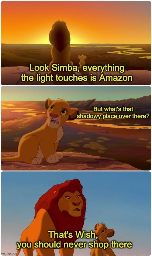 lion king everything the light touches meme template - Look Simba, everything the light touches is Amazon But what's that shadowy place over there? That's Wish, you should never shop there imgflip.com