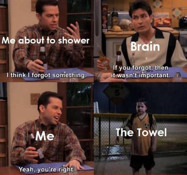 two and a half men - Me about to shower Brain I think I forgot something. If you forgot, then it wasn't important. Me The Towel Yeah, you're right.