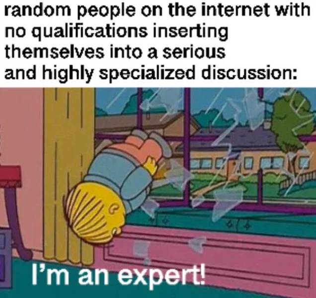 alco memes - random people on the internet with no qualifications inserting themselves into a serious and highly specialized discussion I'm an expert!