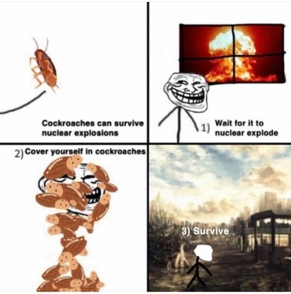 funny life tips - Wait for it to nuclear explode Cockroaches can survive nuclear explosions 2 Cover yourself in cockroaches 3 Survive