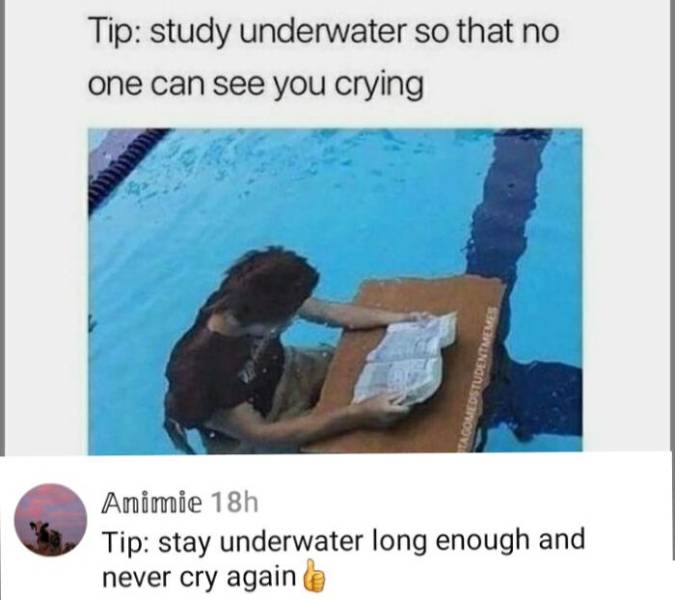 study underwater meme - Tip study underwater so that no one can see you crying Tagomedstudentmemes Animie 18h Tip stay underwater long enough and never cry again