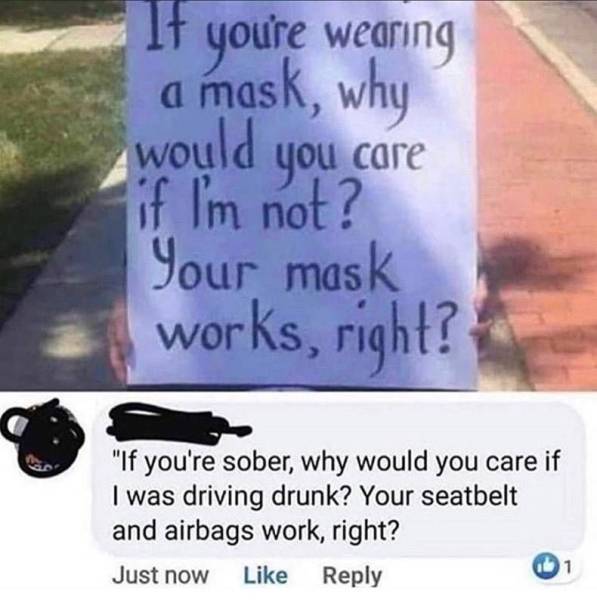 if you re wearing a mask why would you care if im not meme - If youre wearing a mask, why would you care if I'm not? Your mask works, right? "If you're sober, why would you care if I was driving drunk? Your seatbelt and airbags work, right? Just now 1