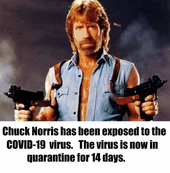 chuck norris memes - Chuck Norris has been exposed to the Covid19 virus. The virus is now in quarantine for 14 days.