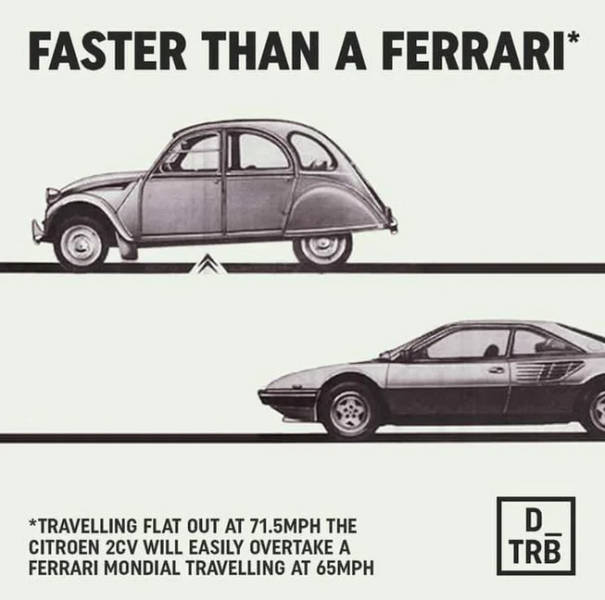 citroen 2cv ad - Faster Than A Ferrari Travelling Flat Out At 71.5MPH The Citroen 2CV Will Easily Overtake A Ferrari Mondial Travelling At 65MPH D Trb