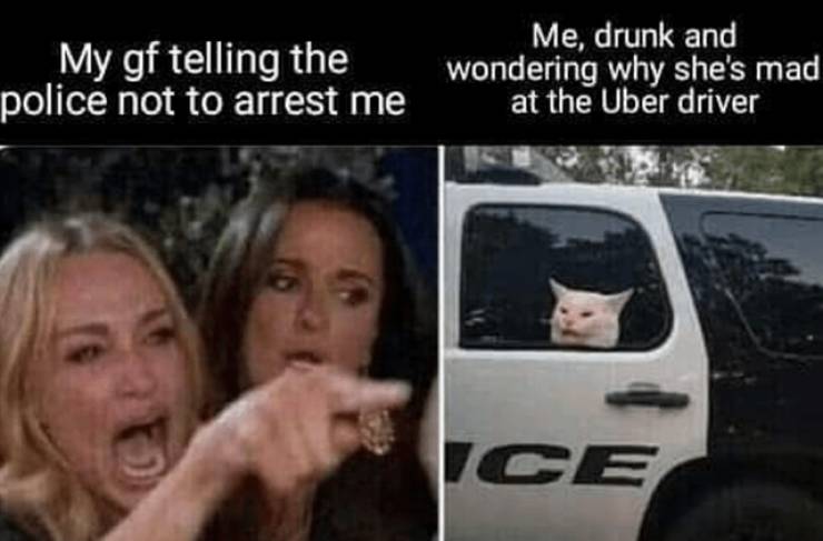 smudge cat meme - My gf telling the police not to arrest me Me, drunk and wondering why she's mad at the Uber driver Ice