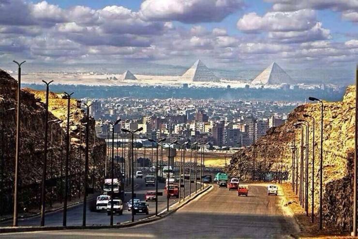 A view of the pyramids from a street in Cairo.