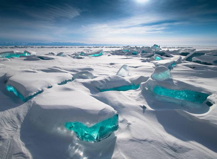 Turquoise ice formations on Lake Baikal, Russia.