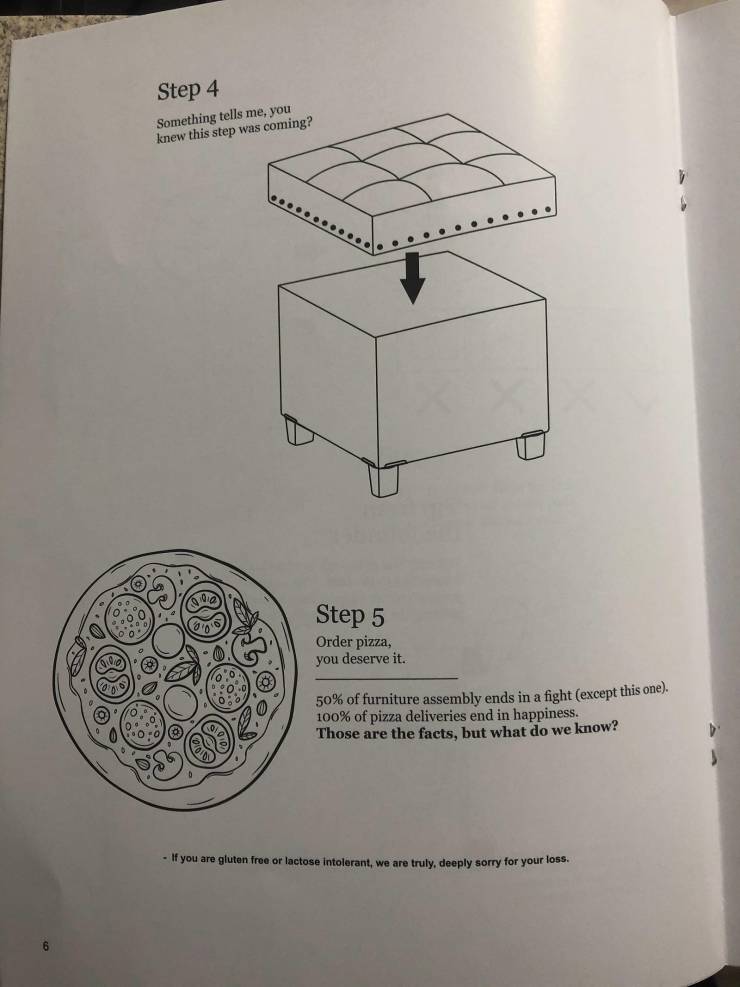 odd and unusual items - design - Step 4 Something tells me, you knew this step was coming? Q... Step 5 Order pizza, you deserve it. 50% of furniture assembly ends in a fight except this one. 100% of pizza deliveries end in happiness. Those are the facts, 
