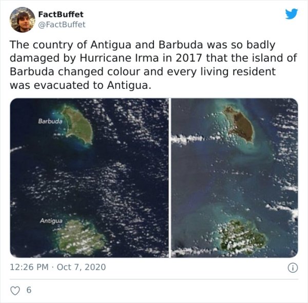 water resources - FactBuffet The country of Antigua and Barbuda was so badly damaged by Hurricane Irma in 2017 that the island of Barbuda changed colour and every living resident was evacuated to Antigua. Barbuda Antigua 6